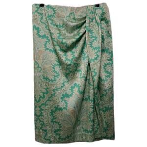 J Crew Faux Wrap Midi Skirt Womens 12 Aqua Green Satin Ratti Pendant Paisley Zip